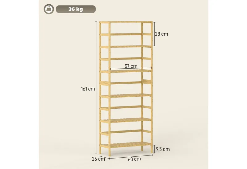HOMCOM HOMCOM Standregal Badregal Bambus Küchenregal, für Bad, Wohnzimmer, 60 x 26 x 161 cm, 6-stöckiges Bücherregal 1-tlg., höhenverstellbare Regalböden, Beige, – Produktbild 3 von 5
