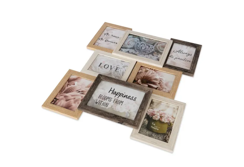 queence Bilderrahmen Collage Rahmen 3D Holz in braun, für 8 Bilder (1 St), Platz für 6 Fotos in 10x15cm und 2 Fotos in 13x18cm, Braun, – Produktbild 3 von 5