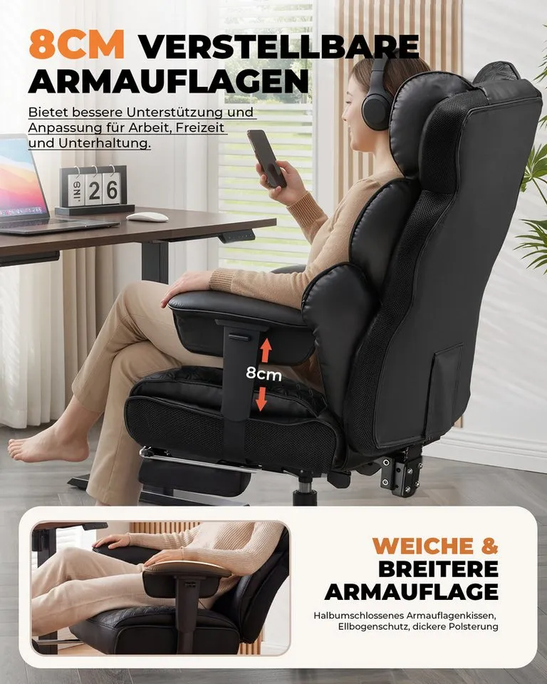 COMHOMA Gaming-Stuhl Ergonomischer Bürostuhl 180 kg, mit Lendenstütze & Fußstütze, 135° verstellbare Rückenlehne, hoher Chefsessel, Schwarz, – Produktbild 3 von 5