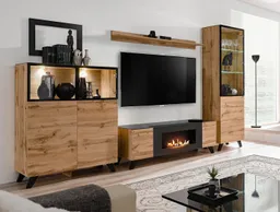Furn.Design Wohnwand Heritage, (Schrankwand in Wotan Eiche mit Schwarz, 4-teilig, 330 x 197 cm), inklusive Kamin und Beleuchtung – Produktbild 1 von 1