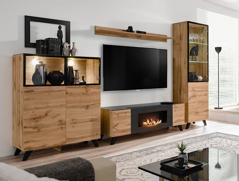 Furn.Design Wohnwand Heritage, (Schrankwand in Wotan Eiche mit Schwarz, 4-teilig, 330 x 197 cm), inklusive Kamin und Beleuchtung, Beige, – Produktbild 1 von 5