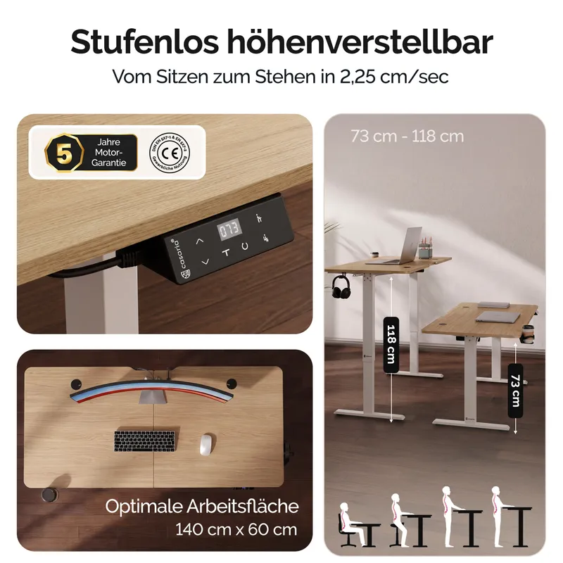 Casaria® Höhenverstellbarer Schreibtisch Beige 140x60x73-118cm, Braun, – Produktbild 2 von 2