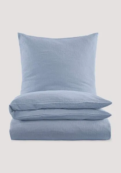 hessnatur hessnatur Musselin Bettwäsche-Set aus reiner Bio-Baumwolle, Graublau, – Produktbild 1 von 4