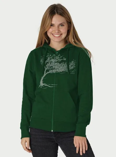 Peaces.bio - handbedruckte Biomode Peaces.bio - handbedruckte Biomode Bio Damen-Zip-Hoodie Windy Tree, Flaschengrün, – Produktbild 3 von 3