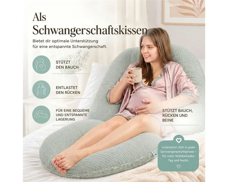 SEI Design Stillkissen XXL 190x35 cm Musselin EPS Mikroperlen Seitenschläferkissen GOTS Taupe, Schwangerschaftskissen mit Bezug, Schwangerschaftskissen mit Bezug, Grün, – Produktbild 3 von 5
