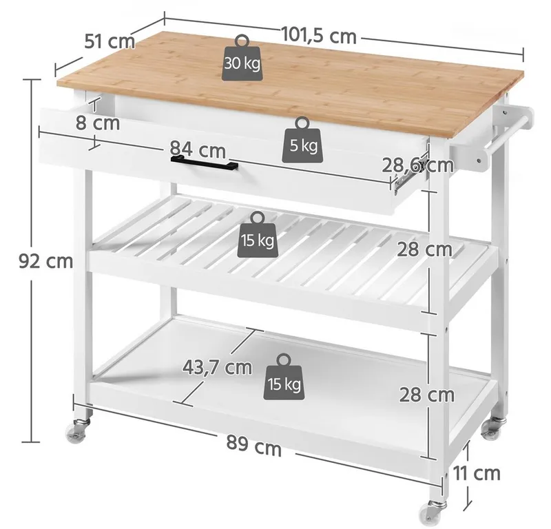 Yaheetech Küchenwagen, 2 Ebenen Servierwagen mit Rollen, Weiß, – Produktbild 5 von 5