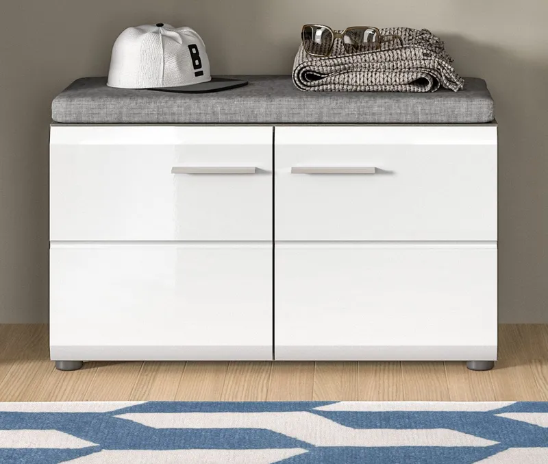Inn.Furn Schuhbank Rumba (Garderobenbank in Weiß Hochglanz und Grau, 2-türig, 80 x 44 cm), mit 4 Fächern, Weiß, – Produktbild 3 von 5