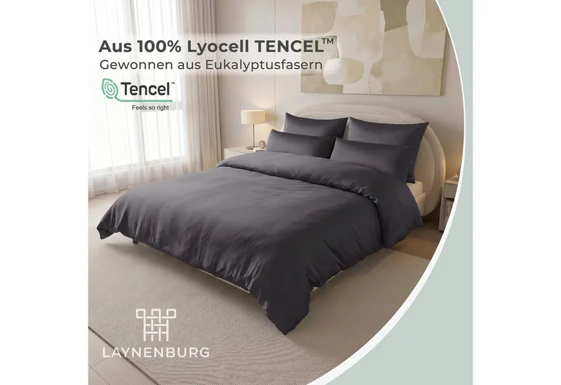 Laynenburg Bettwäsche Eukalyptus aus 100% Tencel Lyocell ab Gr. 135x200, kühlende, atmungsaktive Sommer-Bettwäsche mit Reißverschluss, Grau, – Produktbild 2 von 6