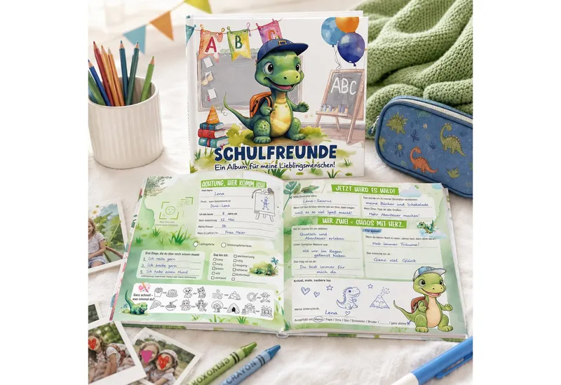TOBJA Poesiealbum Freundebuch Grundschule Dino 21x21 cm - 30 Freunde, 8 Erwachsene, Dino-Motiv, 92 Seiten, 30 Doppelseiten, FSC®-Papier – Produktbild 3 von 5