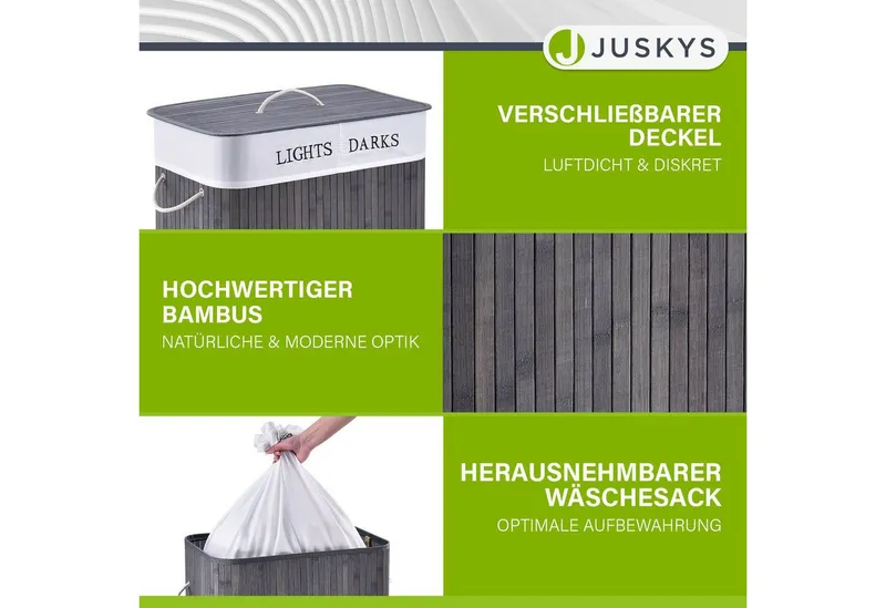 Juskys Wäschekorb Curly 100 L in Grau aus Bambus mit Deckel, 2 Fächern & Wäschesack, Wäschesammler für Familien, faltbar mit Tragegriffen, 52 x 32 x 63 cm, Grau, – Produktbild 3 von 5