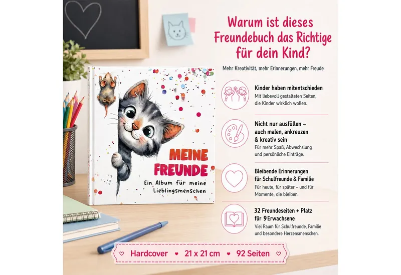 TOBJA Poesiealbum Freundebuch Grundschule Katze 21x21 cm - 32 Freunde, 9 Erwachsene, Katzen-Motiv, 92 Seiten, 32 Doppelseiten, FSC®-Papier – Produktbild 2 von 5