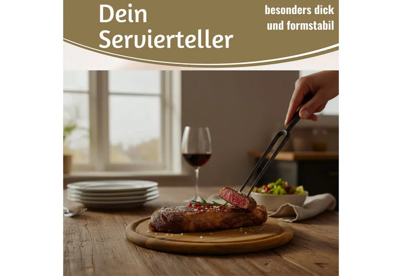 LS-LebenStil Servierbrett 4x Holz Fleischteller Servierteller 25cm Akazie Rund Schneidebrett, Holz, (Set - 4 Stück - Schneidebrett mit Saftrille Vesperbrett Brotzeitbrett, 4-St., Vesperbrett Servierteller Pizzateller Käsebrett Holzbrett), Braun, – Produktbild 5 von 5