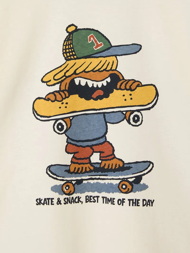 Vertbaudet Shirt mit kontrastfarbenen Ärmeln und Print Jungen, Wollweiß, – Produktbild 3 von 3