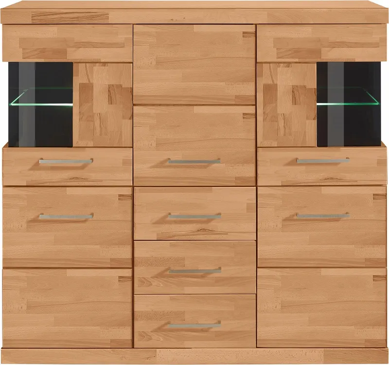 OTTO home Highboard Ribe,125cm breit,115cm hoch, Fronten Massivholz,5Türen,3 Schubladen, Holz massiv, Holzwerkstoff, Metall Griffe,10Fächer, Böden versetzbar, Braun, – Produktbild 1 von 8