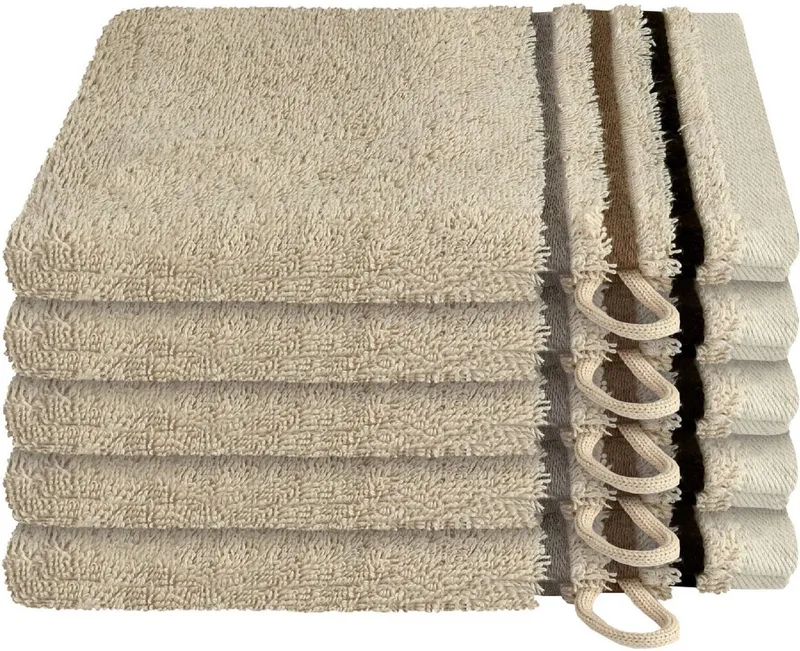 Schiesser Schiesser Waschhandschuh Skyline Color aus 100 % Baumwolle mit eleganter Streifenbordüre, (5-St), OEKO-TEX® MADE IN GREEN, Beige, – Produktbild 1 von 6