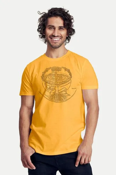 Peaces.bio - handbedruckte Biomode Peaces.bio - handbedruckte Biomode Bio-Herren-T-Shirt "Weltenesche", Gelb, – Produktbild 1 von 2