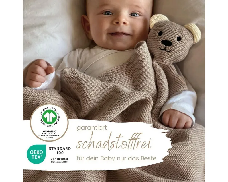 Babydecke DIKOS® Babydecke SCHMUSE-Bär Baby Geschenk Mädchen Junge Geschenkset, DIKOS, Geschenk zur Geburt, PREMIUM Qualität, 100 % BIO Baumwolle, Cappuccino, – Produktbild 3 von 5