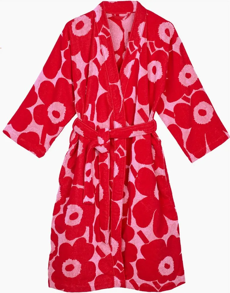 Marimekko Bademantel UNIKKO, Midilänge, Frottier, Kimono-Kragen, Gürtel, 100% Baumwolle, angenehm weich, Rosa|rot, – Produktbild 2 von 4