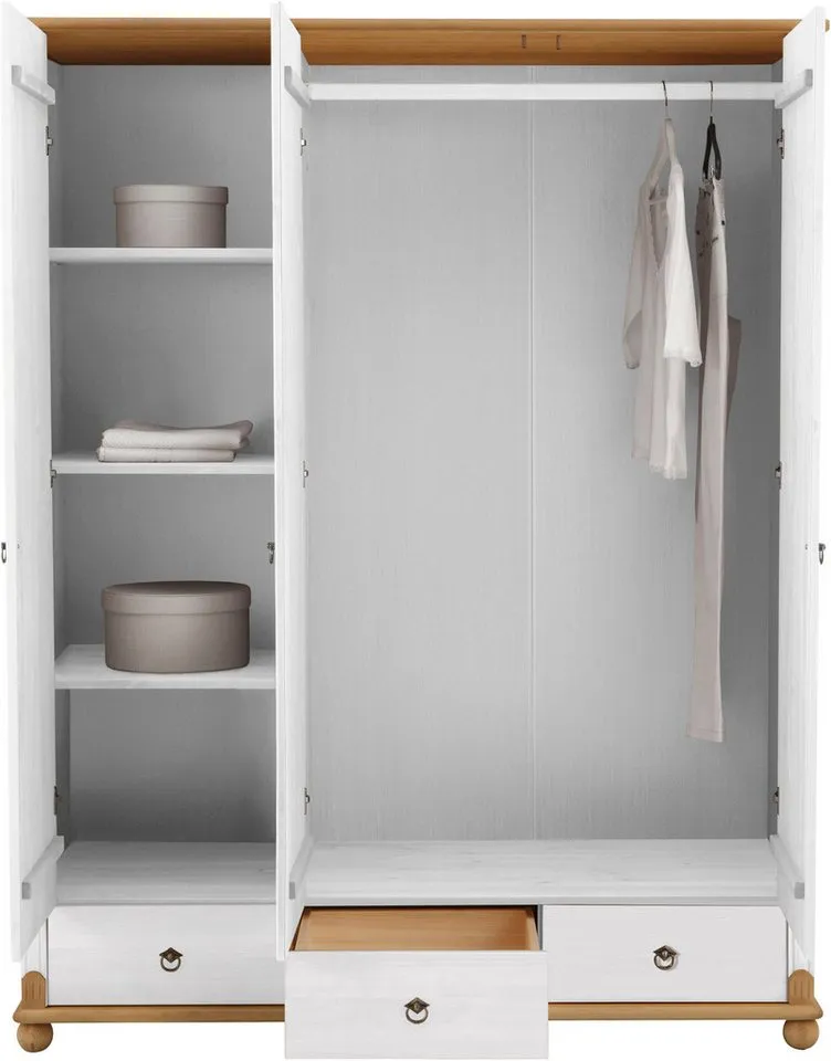 OTTO home Kleiderschrank Tessin, Dretürenschrank, 3-türig (B/H/T ca. 152/191/59 cm) Breite 152 cm, Kiefer massiv, mit Spiegel und 3 Schubladen, Weiß, – Produktbild 5 von 5