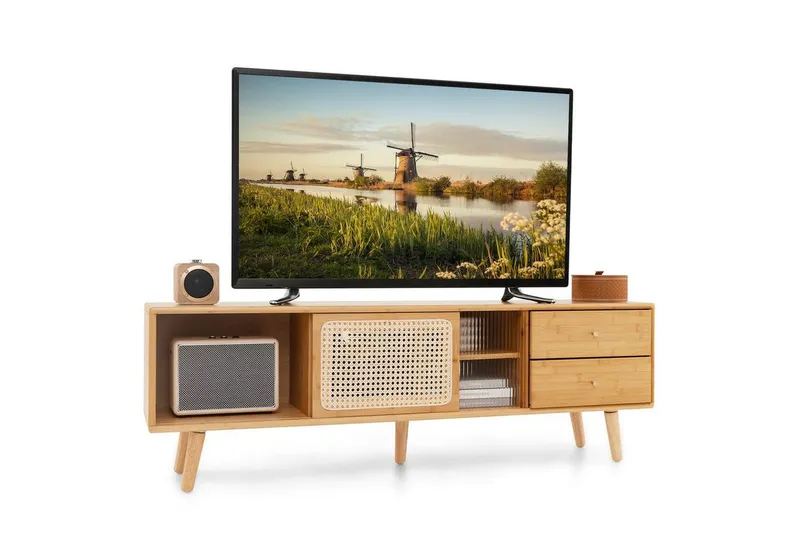 COSTWAY COSTWAY TV-Schrank mit 2 Schiebetüren, Glas und Bambus 2 Schubladen 140cm, Beige, – Produktbild 1 von 5