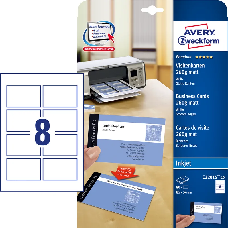 Avery Zweckform C32015-10 Premium Visitenkarten, 85 x 54 mm – Produktbild 1 von 1