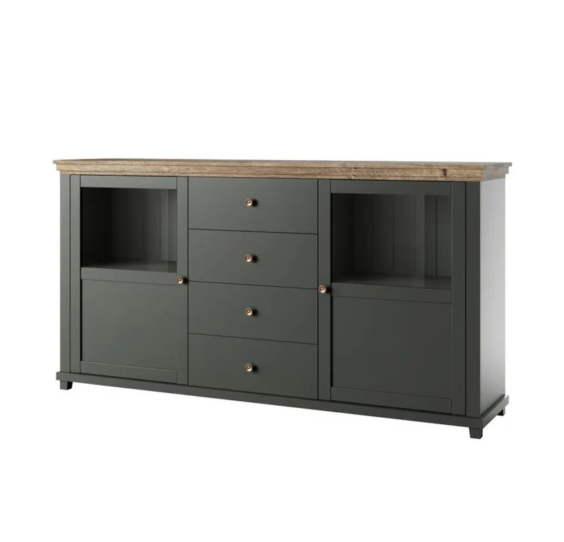 Lomadox Büromöbel-Set EPSOM-83, (Spar-Set, 4-tlg., Schreibtisch Sideboard Aktenregal), in grün mit Lefkas Eiche, Rückwand mit Lamellen Optik, Softclose, Grün, – Produktbild 2 von 5