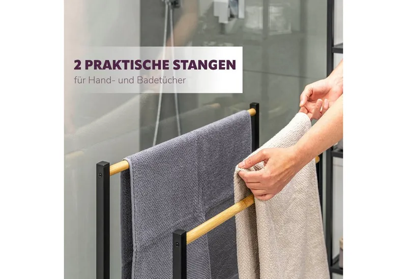eluno Handtuchständer Badetuchhalter freistehend, mit 2 Bambus-Stangen, 4 Haken, Schwarz, – Produktbild 4 von 5