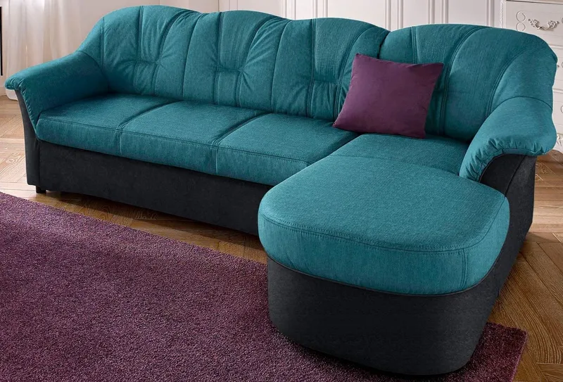 DOMO collection Ecksofa FLORES Schlafsofa, 233x142x86 cm, L-Form, whlw. mit Bettfunktion, whlw. mit Federkern, Grün|schwarz, – Produktbild 2 von 8