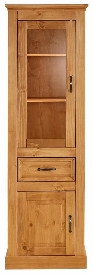 OTTO home Vitrine Selma Hochschrank, 2 Türen, eine davon mit Glaseinsatz und 1 Schublade massives Kiefernholz mit natürlicher Maserung, Metallgriffe 180cm hoch, Beige, – Produktbild 4 von 5