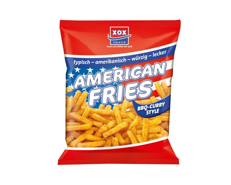 XOX XOX Knabberei, XOX American Fries Curry BBQ Mais Kartoffel Snack Beutel 125g – Produktbild 1 von 2