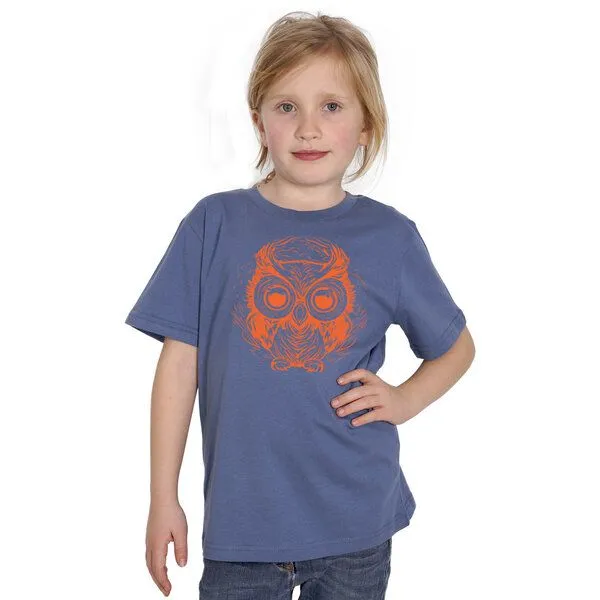 HANDGEDRUCKT HANDGEDRUCKT "Eule" Kinder-T-Shirt reine Biobaumwolle (kbA), Fadeddenim, – Produktbild 1 von 3