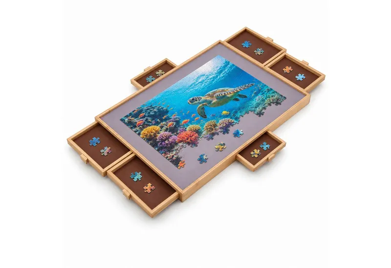 Floordirekt Puzzleunterlage Hudson mit 4 oder 6 Schubladen MDF Bambus Puzzletisch Drehbares, (Einzelartikel, 2000-tlg., 1-teilig), Schubladen einzeln herausziehbar, für 1000 bis 2000 Puzzleteile, Holzoptik - 6 schubladen, – Produktbild 1 von 4