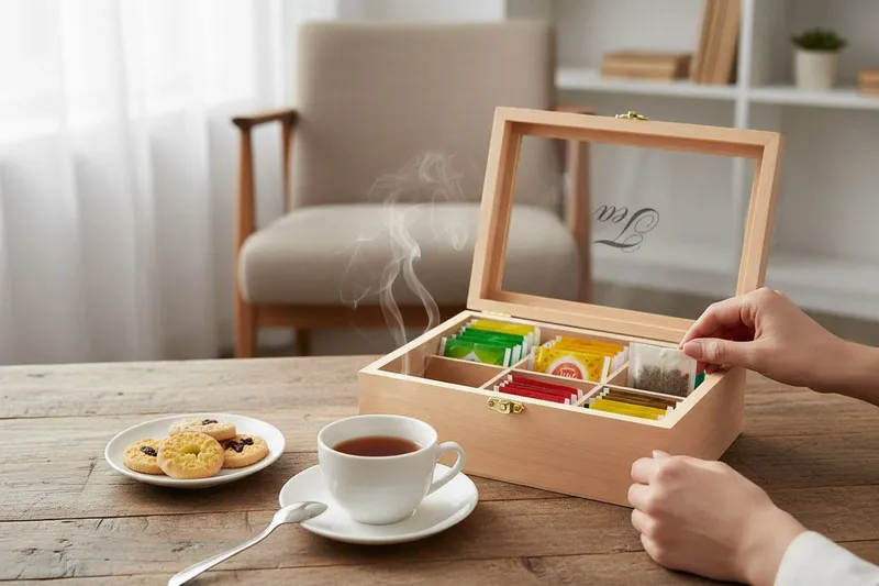 LS-LebenStil Teebox Holz Aufbewahrungsbox Teebox 6 Fächer mit Deckel für Teebeutel, Bambus, (Nachhaltige Teekiste Holzkiste Slogan Tea, 1-tlg., mit durchsichtigem Glas-Deckel Organizer Aufbewahrung für Tee), Braun, – Produktbild 3 von 5