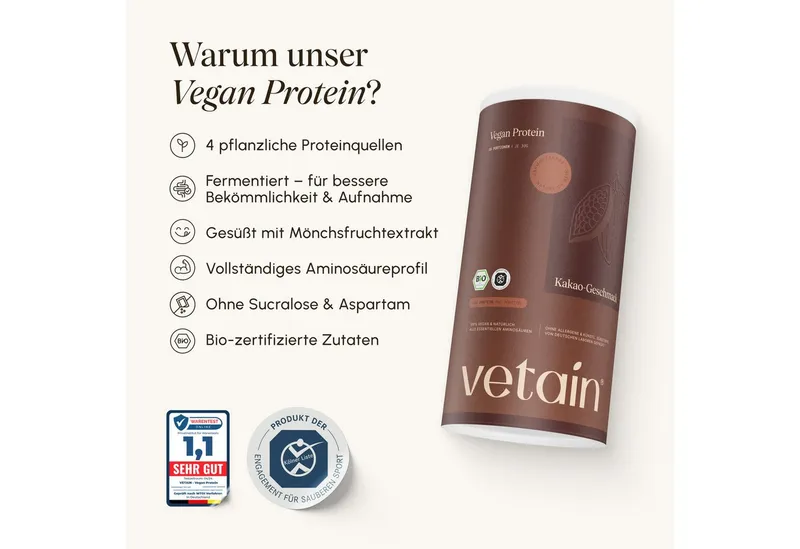 VETAIN Protein Pulver Vegan - Bio Protein Pulver, 540 g, Fermentiertes Erbsenprotein, ohne Stevia, Sucralose & Aspartam – Produktbild 4 von 8