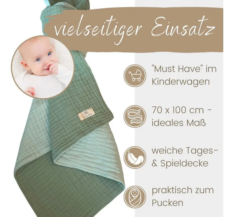 Babydecke Musselin Babydecke 6-lagig gekreppt, 100% GOTs Bio-Baumwolle, DIKOS, PREMIUM Qualität, 70x100 cm, atmungsaktiv, nachhaltig, kuschelweich, Mint, – Produktbild 5 von 5