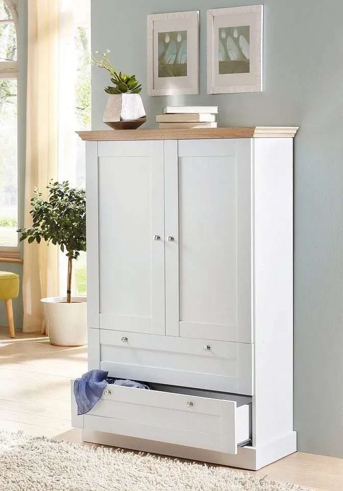 OTTO home Kleiderschrank Binz, Wäscheschrank, Mehrzweckschrank, skandinavischer Landhausstil (B/H/T ca. 84/130/35 cm) viele Stauraummöglichkeiten, Metallgriffe, Türen mit Rahmen/ Kassetten, Weiß, – Produktbild 3 von 5