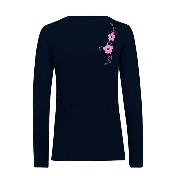 HANDGEDRUCKT HANDGEDRUCKT "Hibisken" Frauen Longsleeve aus reiner Biobaumwolle (kbA), Navy blue, – Produktbild 2 von 3