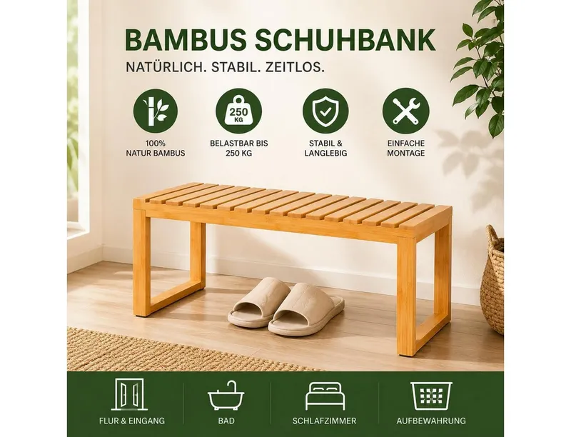 Zedelmaier Sitzbank Schuhbank aus Bambus mit Sitzfläche, Schuhregal 76 x 42 x 32 cm, Beige, – Produktbild 4 von 5