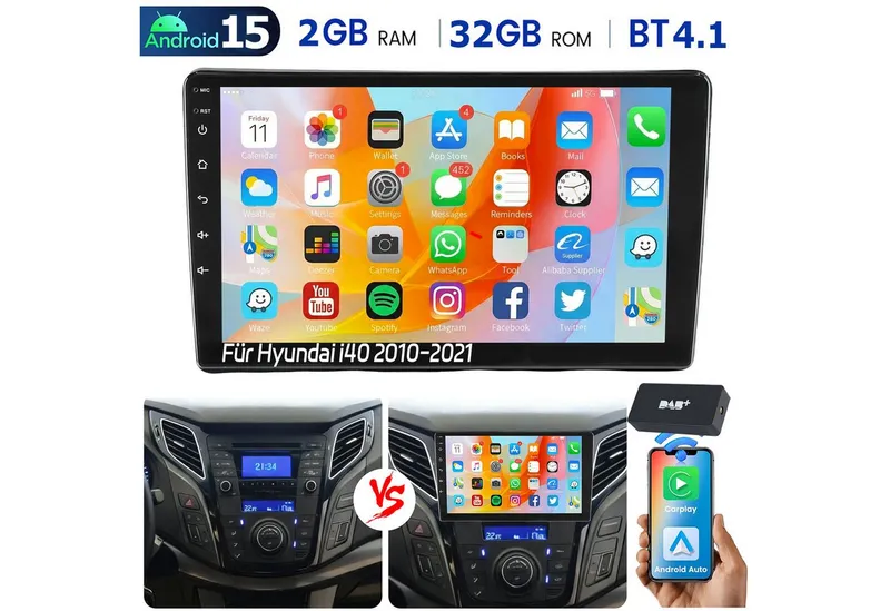 ESSGOO DAB+ Carplay Android15 Autoradio Für Hyundai i40 2011-19 GPS NAVI WiFi Autoradio (DAB (optional), DAB+ (optional), 4+64GB(optional), RDS, AM, FM, Carplay Android Auto Bluetooth EQ USB GPS Navi WIFI Touchscreen), Schwarz, – Produktbild 1 von 5