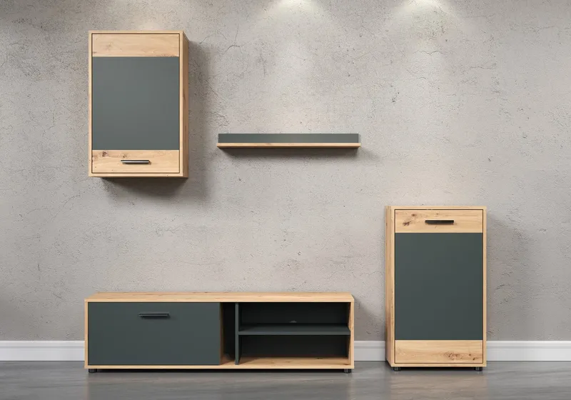 OTTO home Wohnwand Valetta inkl. TV-Kommode, Hänge-Vitrine, Sideboard und Wandregal, (Komplett-Set, 4-St., 4), inkl. Lowboard, Hängeschrank, Wandboard und Highboard, Braun, – Produktbild 4 von 5