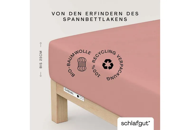 Schlafgut Schlafgut Spannbettlaken CASUAL Bettlaken 100% gekämmte Bio-Baumwolle, 150 g/m², Spannbetttuch, Jersey, Gummizug: rundum, (1 Stück), Bettlaken bis 25 cm Höhe, langlebig, weich, Antipilling-Ausrüstung, Rosa, – Produktbild 2 von 5