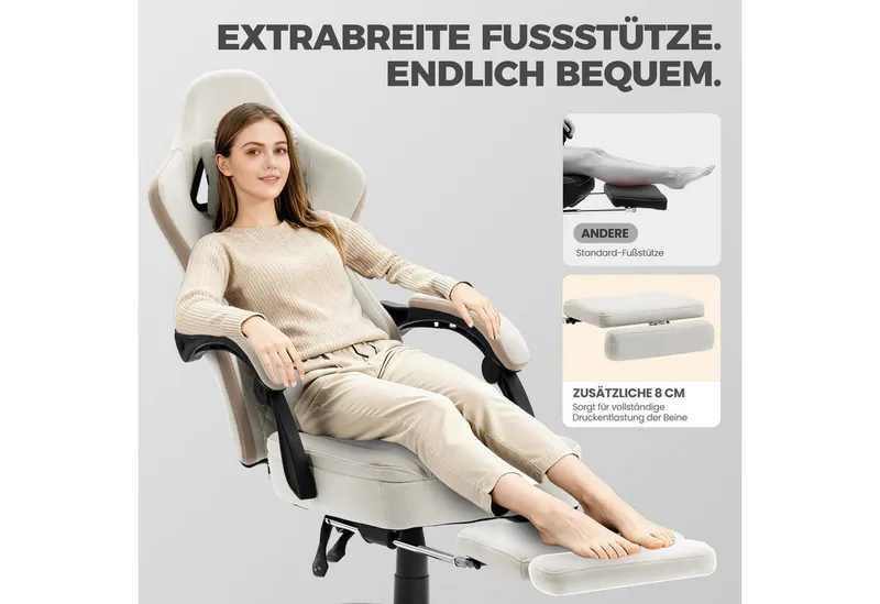 Dowinx Gaming-Stuhl Stoff mit Taschenfederkissen, Gaming Sessel mit Fußstütze, Ergonomischer Bürostuhl, Beige, – Produktbild 5 von 7