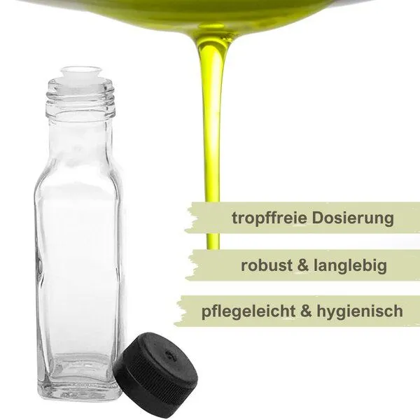 mikken mikken 6er Set Ölflaschen 100 ml - 500 ml mit Ausgießer transparente Glasflasche mit Dosierer Dosierflasche inkl. 6 Etiketten – Produktbild 2 von 3