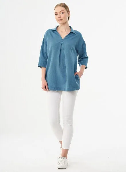 ORGANICATION ORGANICATION Bluse aus Leinen und Bio-Baumwolle, Petrol blue, – Produktbild 2 von 4