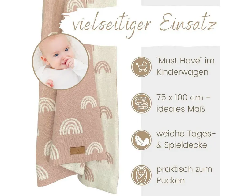 Babydecke DIKOS® aus Bio-Baumwolle - Regenbögen - Baby Decke für Neugeborene, DIKOS, Geschenk zur Geburt - Strickdecke PREMIUM Qualität - atmungsaktiv, Rosa, – Produktbild 5 von 5