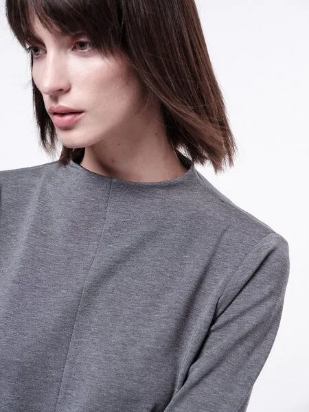 LANIUS LANIUS Langarmshirt mit Stehkragen aus TENCEL Lyocell, Darkgreymelange, – Produktbild 4 von 4