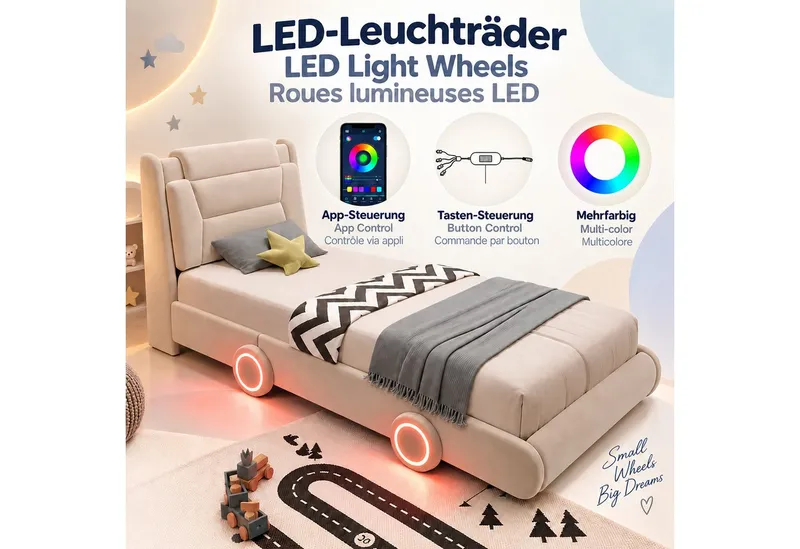 i@home Kinderbett 90 x 200cm Kinder Autobett Polsterbett,Kinderbett,Jugendbett,Cremeweiß, mit höhenverstellbarem Kopfteil, Lichtleiste, Räder-Design, Flanell, Weiß, – Produktbild 3 von 5
