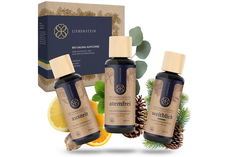 Liebenstein Sauna-Aufgussset Wohlfühl-Trio Duftöle mit naturreinen ätherischen Ölen (erfrischendes Sauna Aufgussöl, 3-tlg) 3 Bio Saunaaufgüsse à 100 ml – Produktbild 1 von 5
