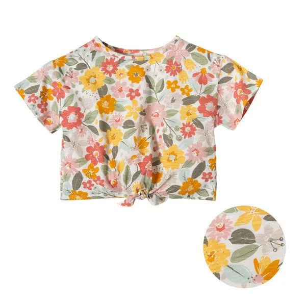 People Wear Organic People Wear Organic Kurzarmshirt mit Knotendetail, bedruckt mit Dschungelblumen , aus Bio-Baumwolle – Produktbild 1 von 3