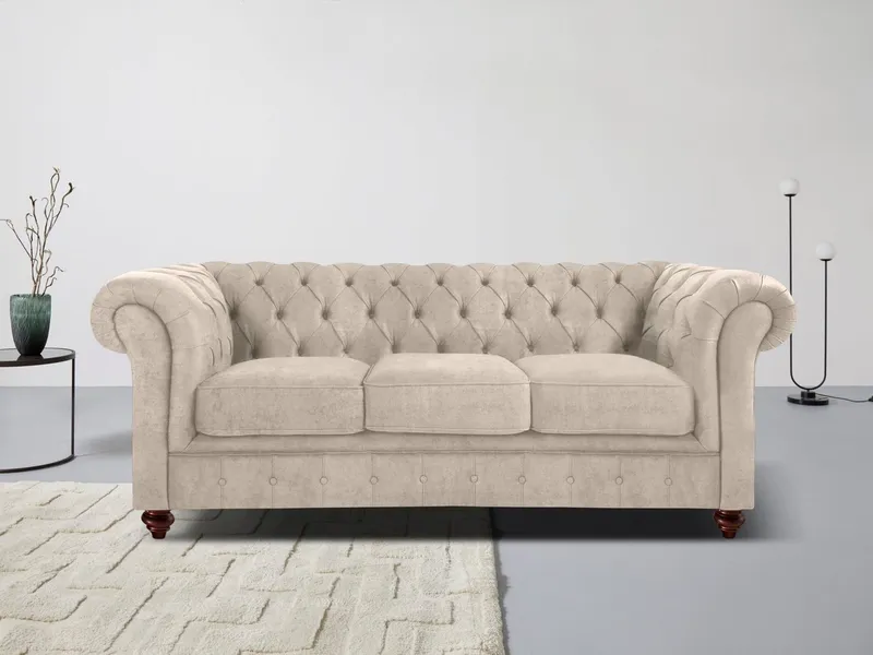 OTTO home Chesterfield-Sofa Chesterfield 3-Sitzer B/T/H: 198/89/74 cm, mit hochwertiger Knopfheftung, auch in Leder, Beige, – Produktbild 1 von 5